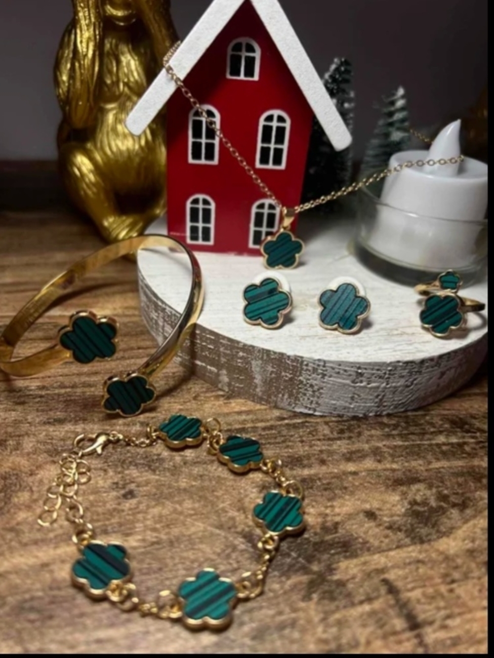 Jewelry Set, Green Necklace, 2 Bracelets , Ring, Earrings Nwot